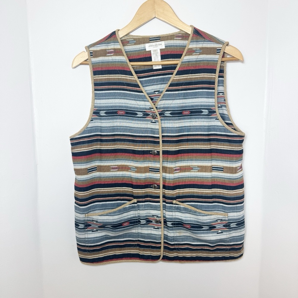 Vintage Jones New York Womens Linen Southwestern Vest Small Rodeo Aztec Ranch